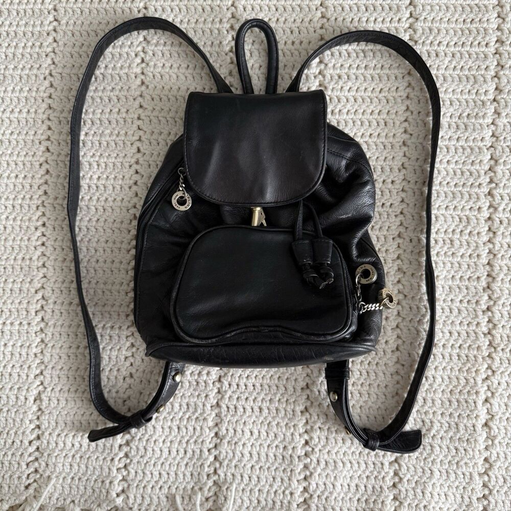 Vintage Perlina New York Soft Solid Black Leather Mini Backpack Women’s Designer